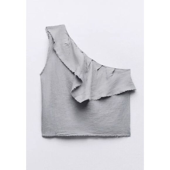 Gray Zara Linen Asymmetrical One Shoulder Ruffle Raw Hem Boho Blouse Top (NWT) - Picture 3 of 8